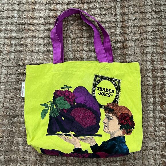 Vintage Trader Joes reusable canvas grocery bag Lady with  Trader Joe’s By Special Appointment Green Tote Reusable Bag Woman Fruit USA EUC